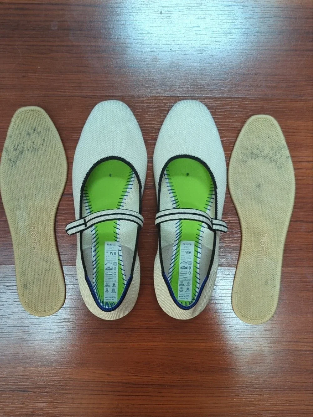 Rothy's Off White Square Toe Mary Jane Flats with Black Trim Size 6